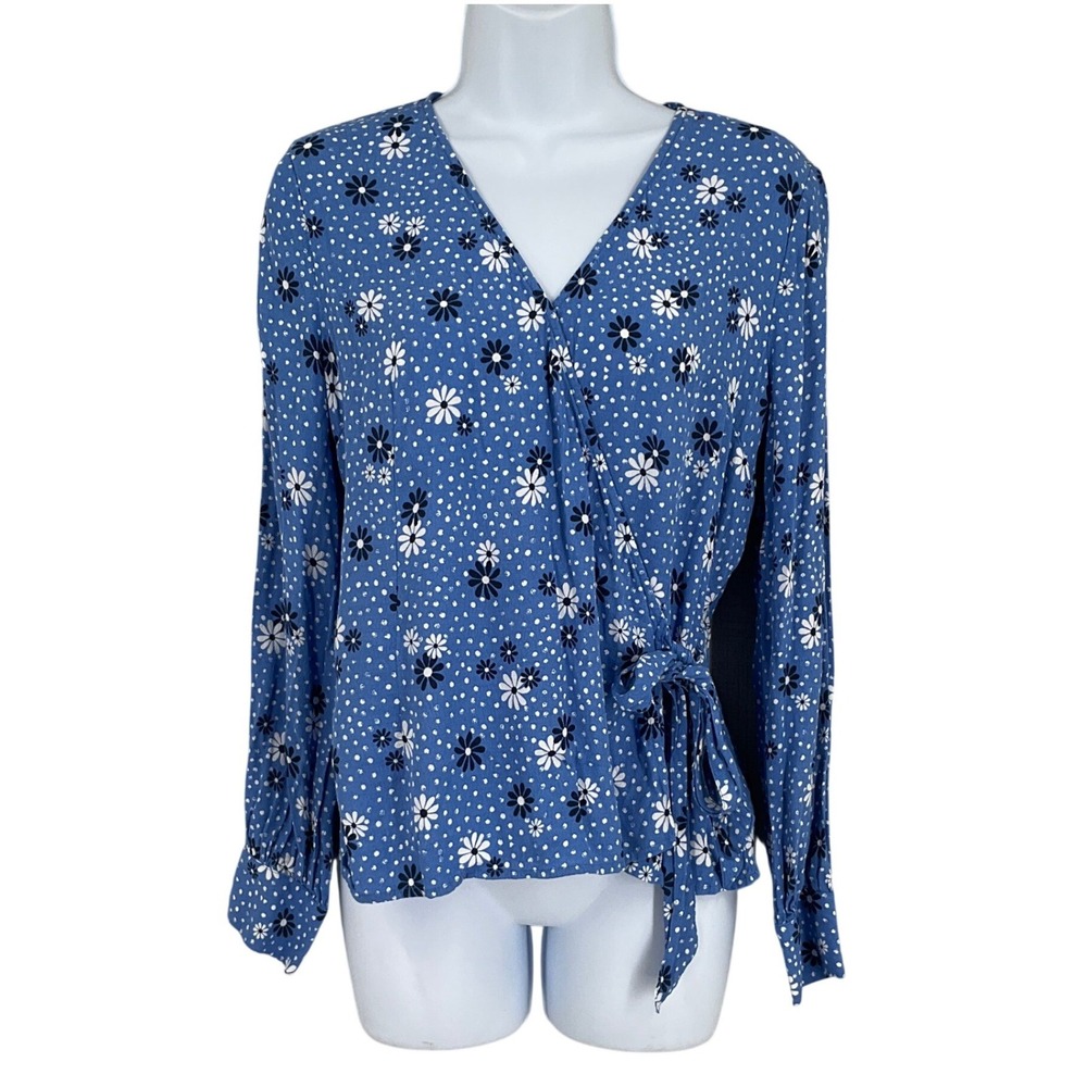 Talbots Wrap Blouse Women S Blue Daisy Polka Dot Floral Whimsical Spring Modest